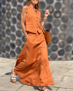 Two-Piece Set Sleeveless V-Neck Crop Top and Midi Flared Skirt Suits
