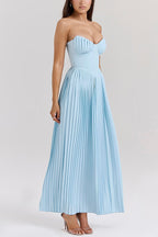 Strapless Sweetheart Pleated Bust Basque Waist Accordion Pleat Maxi Gown