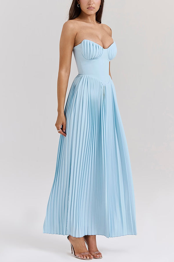 Strapless Sweetheart Pleated Bust Basque Waist Accordion Pleat Maxi Gown