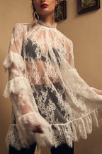 Sexy See-through Lace Loose Long-sleeved Mini Dress