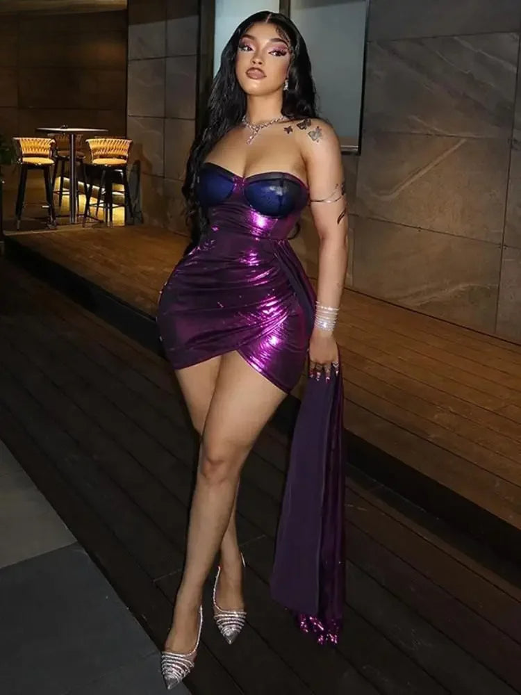 Metallic Ruched Strapless Asymmetric Train Mini Dress