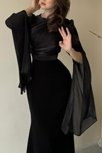Satin Ruched High Neck Bell Sleeve Slit Mermaid Maxi Gown