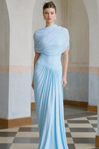Mock Neck Cap Sleeve Diagonal Ruched Pleated Drape Column Maxi Dress