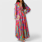 Floral Print Deep V-Neck Ruffle Trim Lantern Sleeve Tiered Maxi Dress