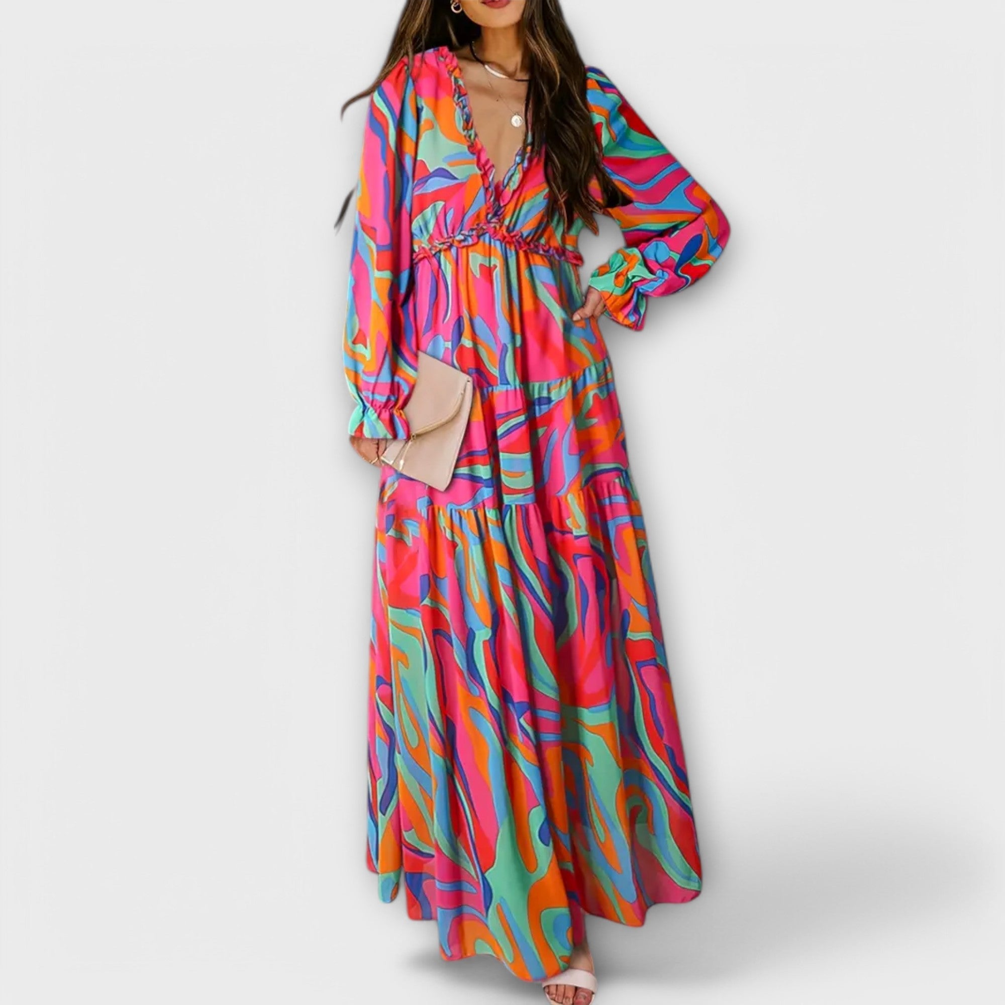 Floral Print Deep V-Neck Ruffle Trim Lantern Sleeve Tiered Maxi Dress