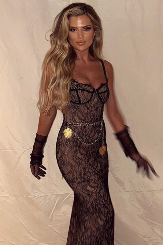 Floral Lace Sweetheart Spaghetti Strap Bustier Bodycon Maxi Dress