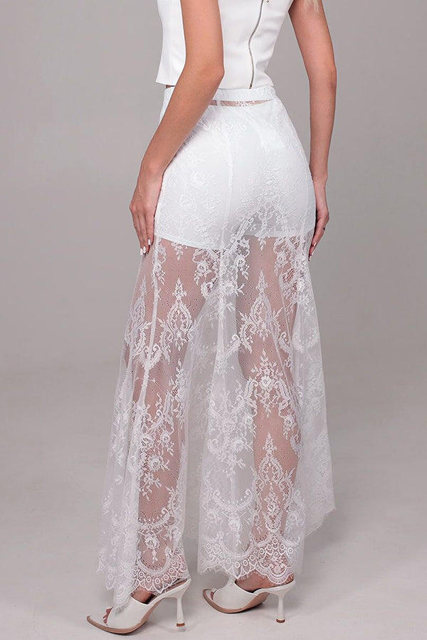 Queen Time Court-style Lace High Rise Elastic Waist Flare Maxi Skirt