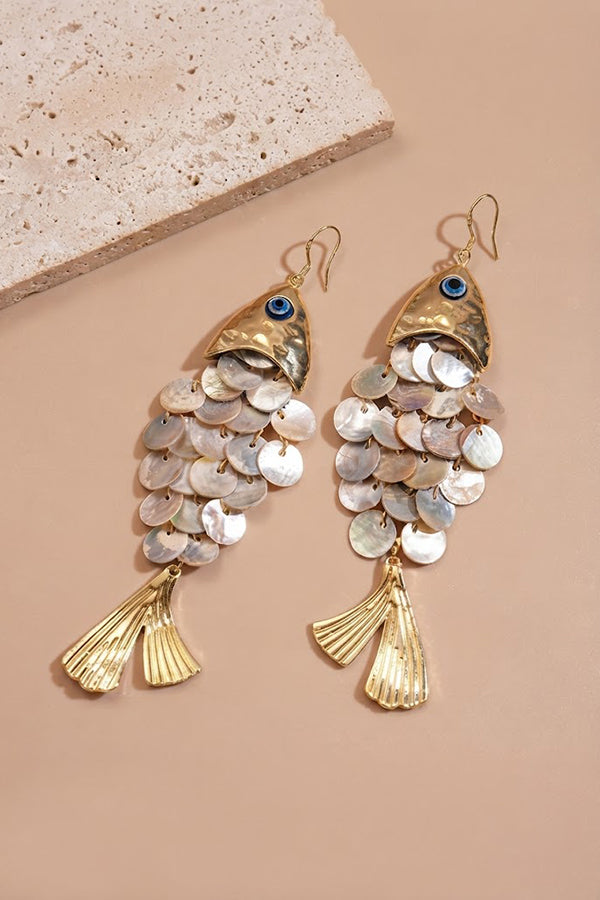 Fish-shaped Shell Tassel Ear Hooks