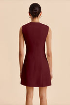 Scalloped Wave Button Front Sleeveless Round Neck A-Line Mini Dress