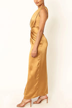 One Shoulder Asymmetric Draped Bodice High Slit Satin Maxi Gown