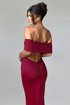 Off Shoulder Ruched Band Open Back Bodycon Maxi Dress