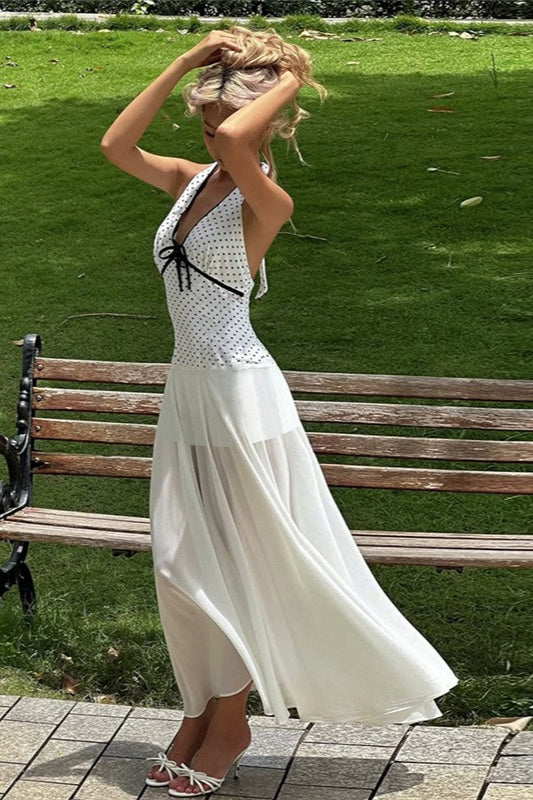 Polka Dot Halter Neck Deep V-Neck Bow Tie Sheer Overlay Maxi Dress