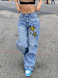 Basic Wash Print Straight Leg Boyfriend Jeans