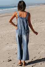 Blue Zone Planet | Stone Blue Distressed Bib Pocket Wide Leg Denim Overall