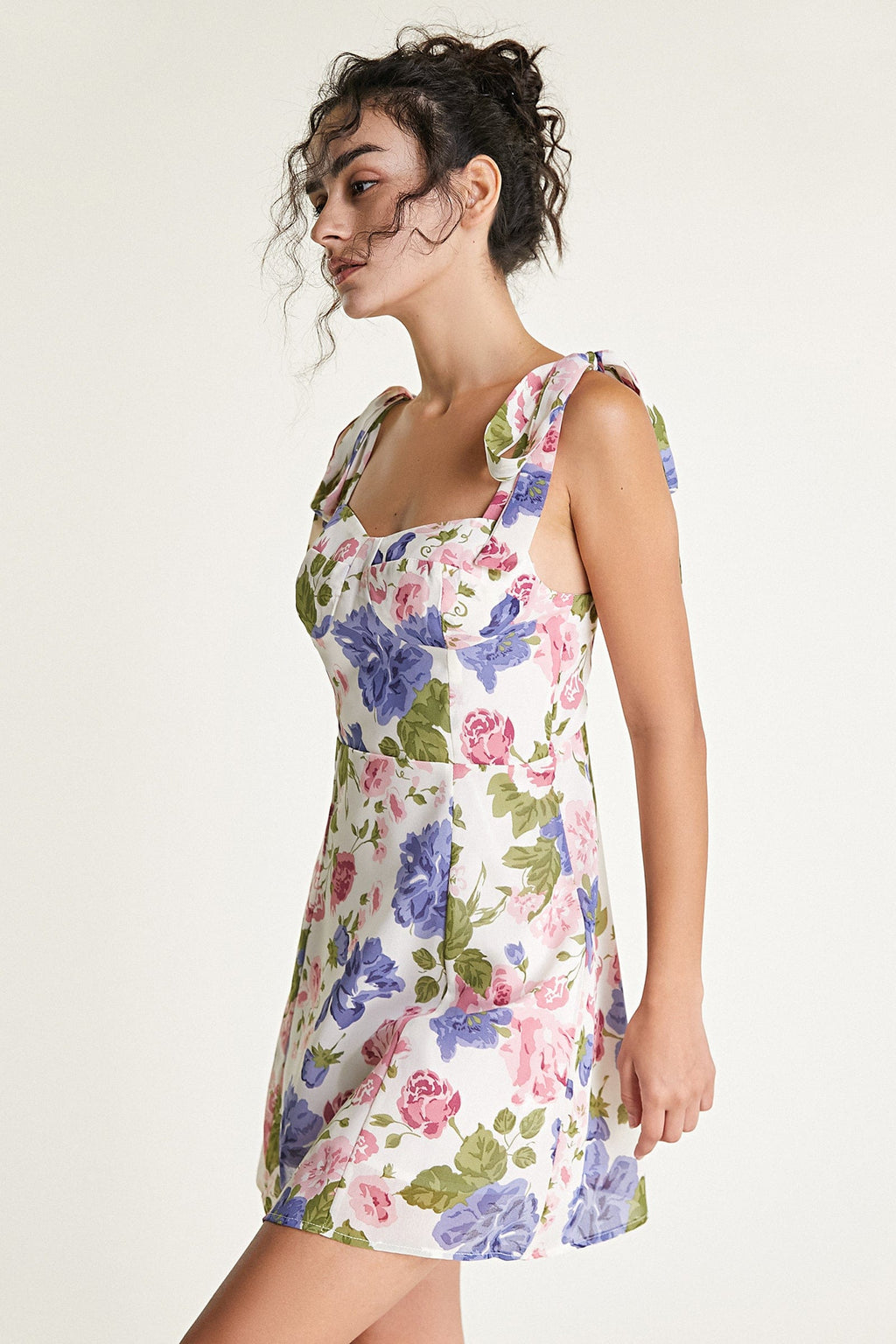 Floral Print Tie Shoulder Sweetheart Bustier A-Line Mini Dress