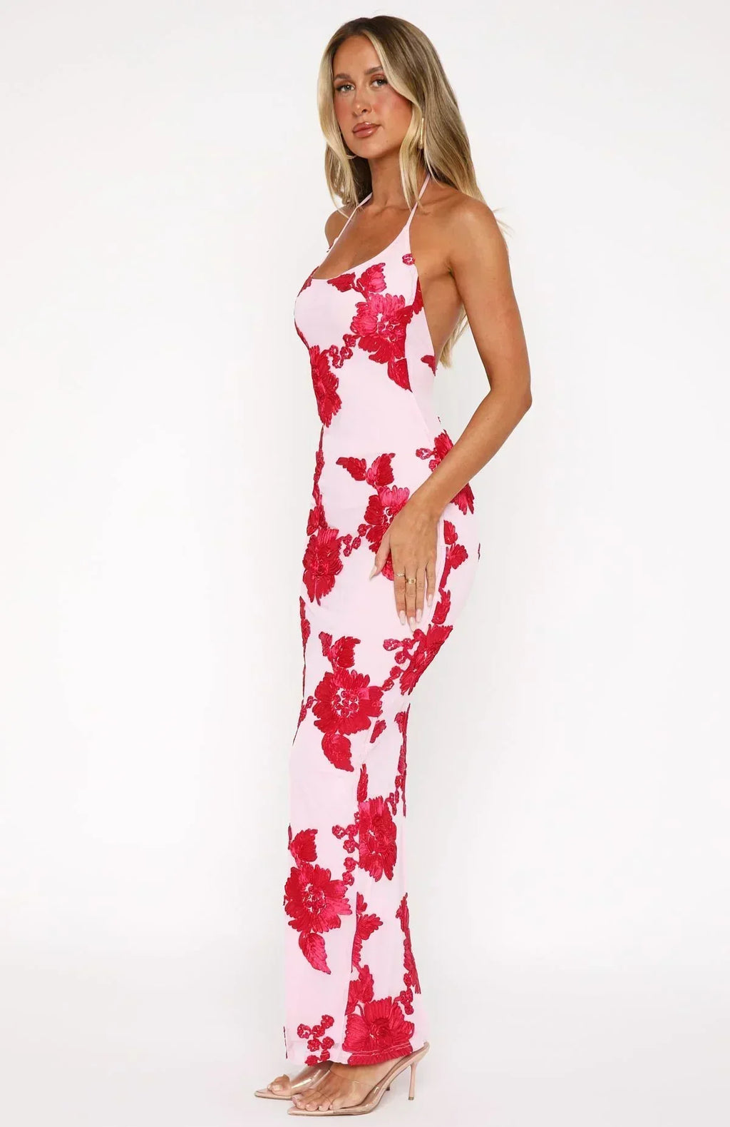 Mesh 3D Floral Applique Halter Neck Sleeveless Bodycon Maxi Dress