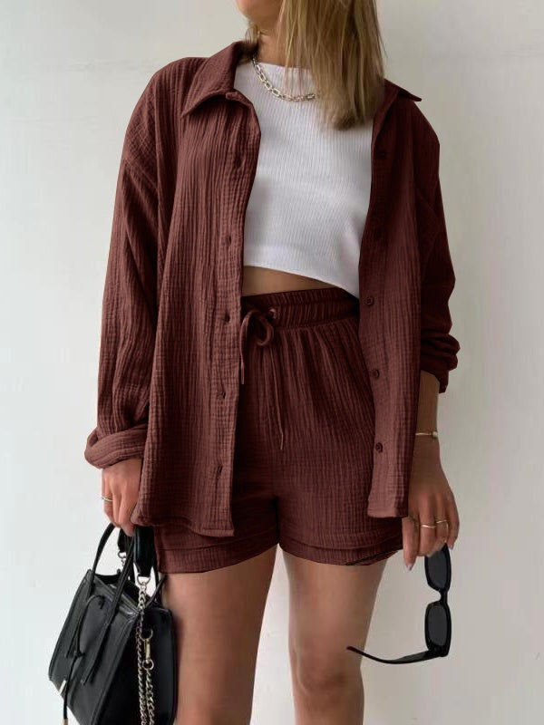 Long-sleeved Shirt And High-waisted Drawstring Shorts Casual Two-piece Set