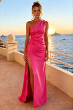 Satin One Shoulder Ruched Waist High Split Maxi Dress
