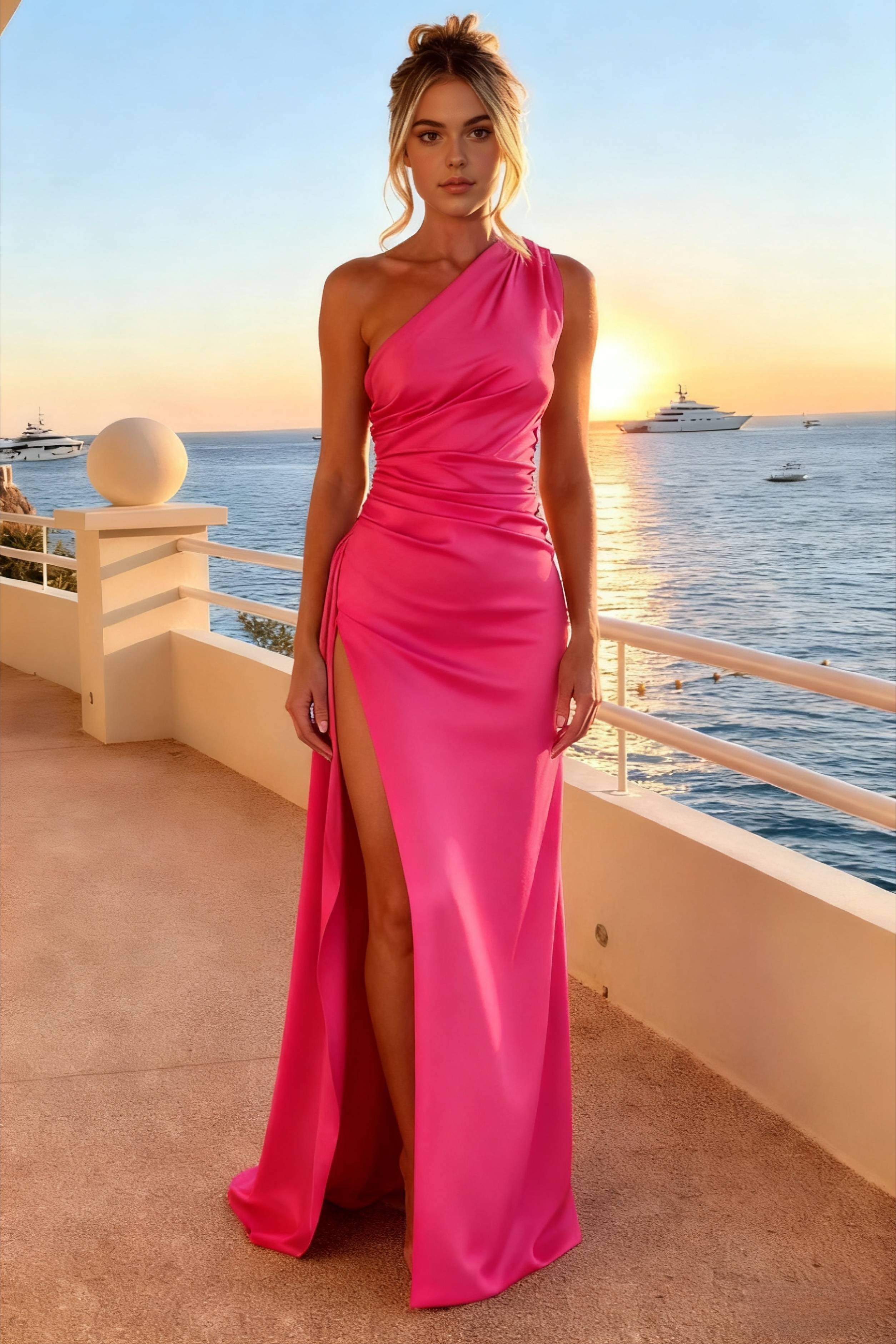 Satin One Shoulder Ruched Waist High Split Maxi Dress