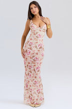 Floral Print Bustier Scoop Neck Wide Strap Bodycon Midi Dress