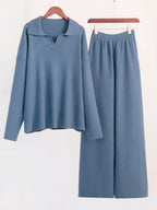 Knit Pant Set Drop Shoulder Pullover And Wide Leg Trousers For Women