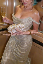 Party with Passion Glitter Fabric Off Shoulder Ruched Slit Maxi Dress