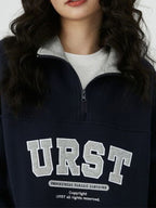 Letter Embroidery Lapel Neck Half Zipper Sweatshirt