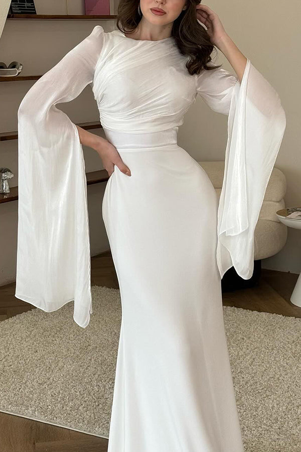 Satin Ruched High Neck Bell Sleeve Slit Mermaid Maxi Gown
