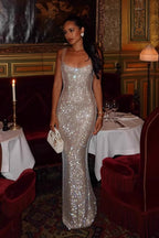 Sequin Mesh Strap Scoop Neck Mermaid Maxi Formal Gown