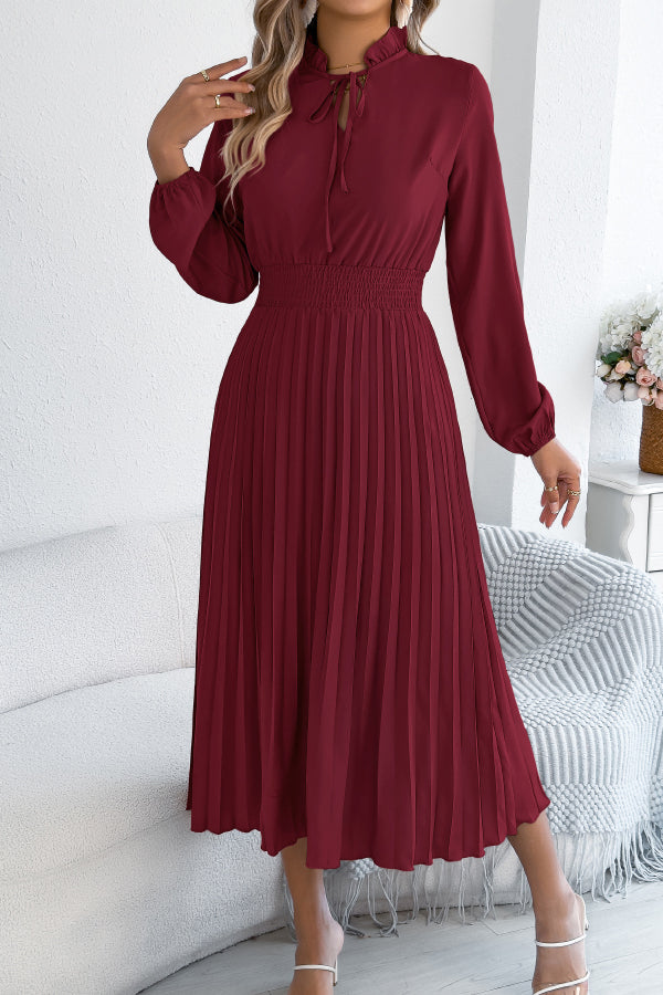 Solid Color Long-sleeved Fitted Waist Pleated Elegant Midi Dress