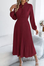 Solid Color Long-sleeved Fitted Waist Pleated Elegant Midi Dress