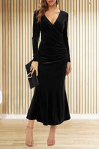 Velvet Wrap Deep V-Neck Ruched Side Long Sleeve Maxi Dress