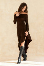 Off Shoulder Long Sleeve Asymmetric Ruffle Hem Knit Midi Dress