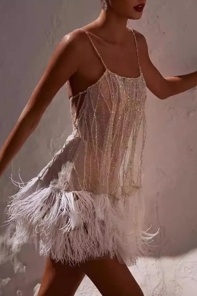 Beaded Sequin Spaghetti Strap Feather Trim Fringe Mini Cocktail Dress