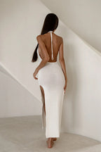 Spaghetti Strap Crisscross Tie Back Rib Knit Side Slit Maxi Dress