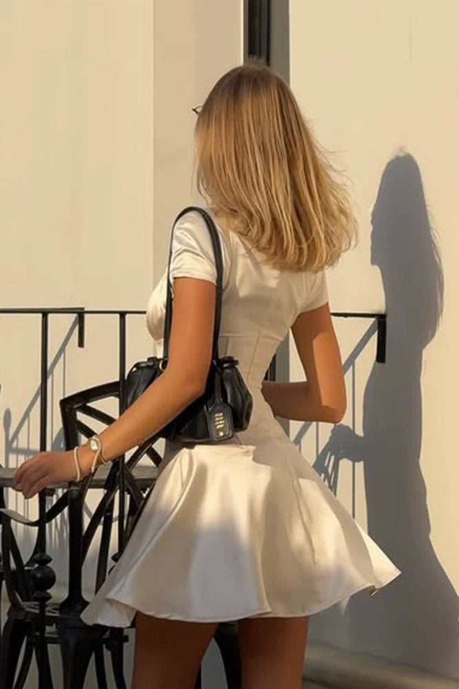 White Stand Collar Keyhole Hook Front Corset Pleated Satin Mini Dress