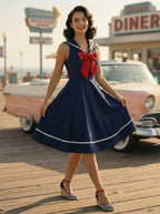 Sailor Collar Bow Knot Sleeveless Retro Swing A-Line Dress For Women 2026