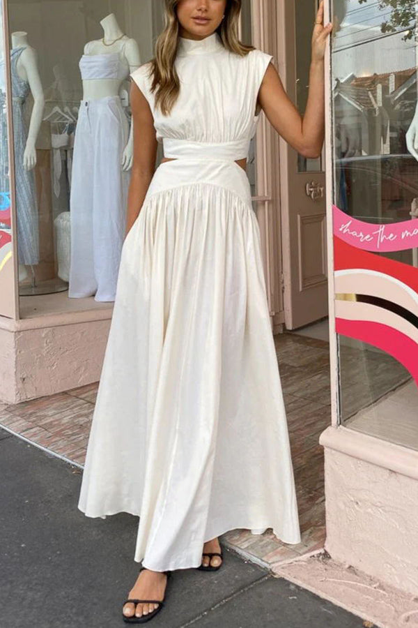 Mock Neck Sleeveless Side Cut Out Waist Pocketed Gathered Maxi Dress