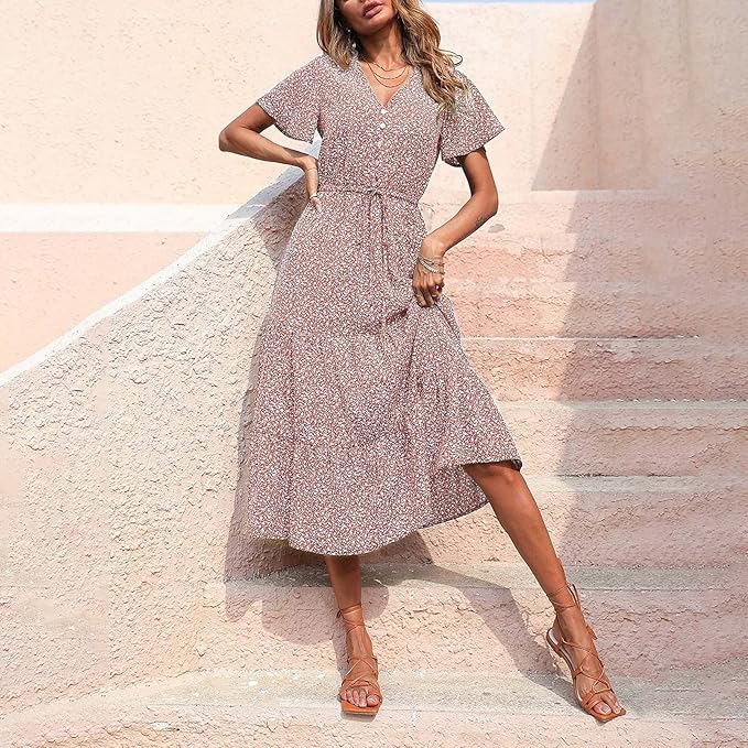 V-Neck Flutter Sleeve Drawstring Waist Tiered Ruffle Ditsy Floral Midi Dress