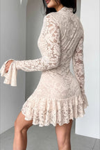 Lace Deep V-Neck Long Sleeve Bell Cuff Tiered Ruffle Hem Mini Dress