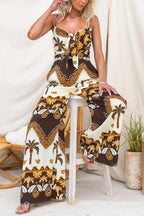 Unique Print Casual Spaghetti Strap High Waist Resort Loose Wide Leg Jumpsuit