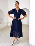 Lace Dress V-neck Puff Sleeve A-line Midi Dress For Women 2026