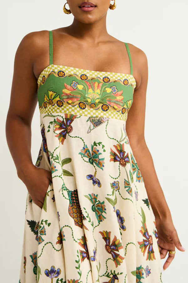Bird Print Border Hem Spaghetti Strap Fit and Flare Pocket Maxi Dress