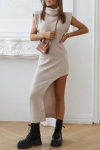 Padded Shoulder Turtleneck Sleeveless Asymmetrical Hem Midi Dress