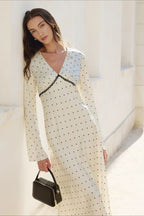 Polka Dot Satin Deep V-Neck Long Sleeve Lace Trim Empire Waist Midi Dress