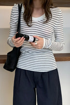 Wool Striped Round Neck Knit Top