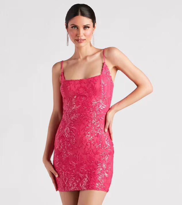 Sequin Damask Square Neck Spaghetti Strap Bodycon Mini Dress