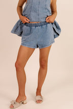 Adventure Awaits Denim Vertical Seam Sleeveless Flare Hem Top and Elastic Waist Pocket Shorts Set