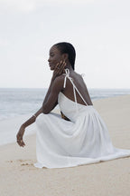 Cotton V Neck Spaghetti Strap Elegant Tie Backless Midi Dress