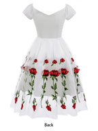 Rose Embroidered Vintage Midi Swing Dress for Women - 1950s Off Shoulder Style A-Line - Summer Tea Party 2026